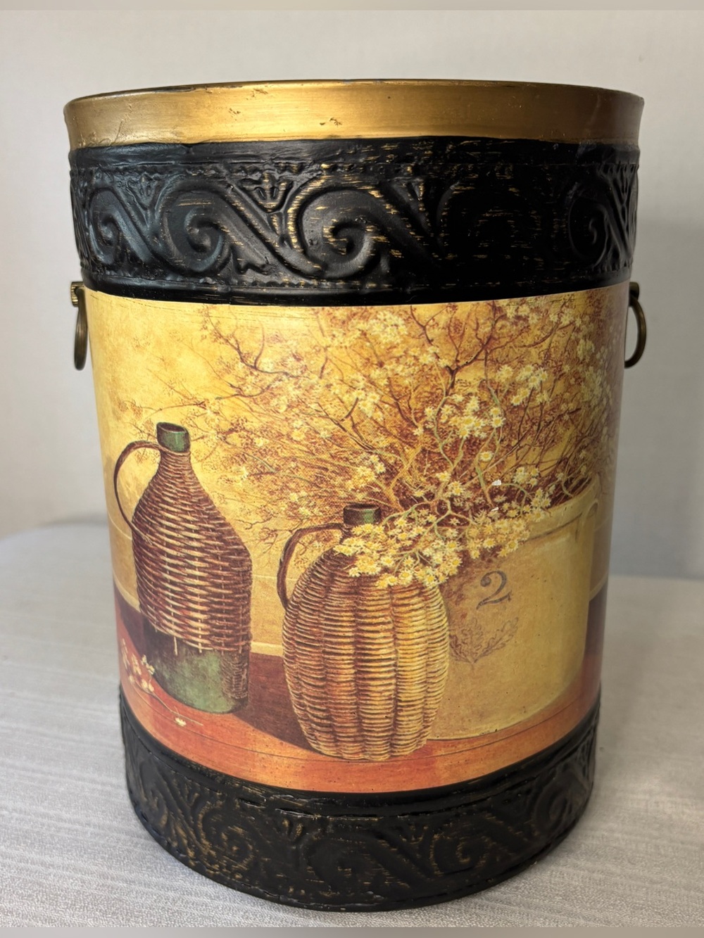 Vintage Toleware Metal Wastebasket Still Life Wine Jug Floral Footed Trash Can